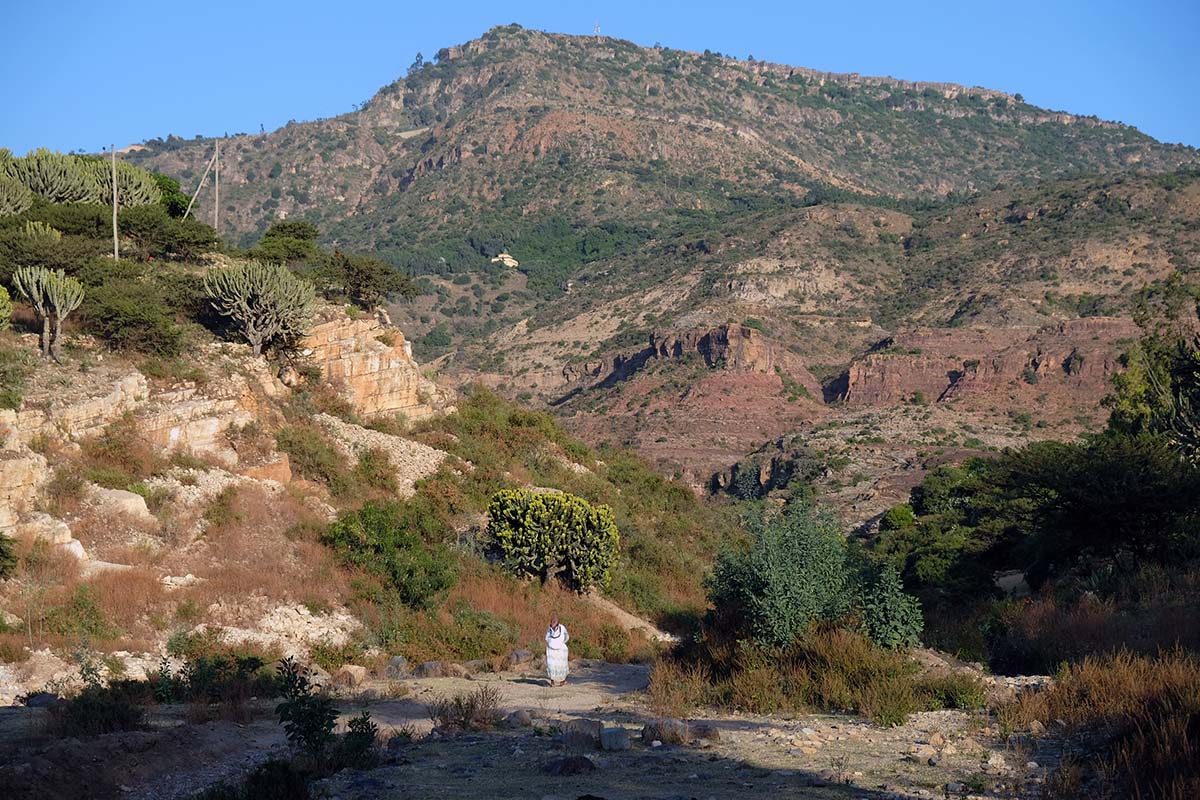 Mujer volviendo a casa desde Wukro por el camino de tierra